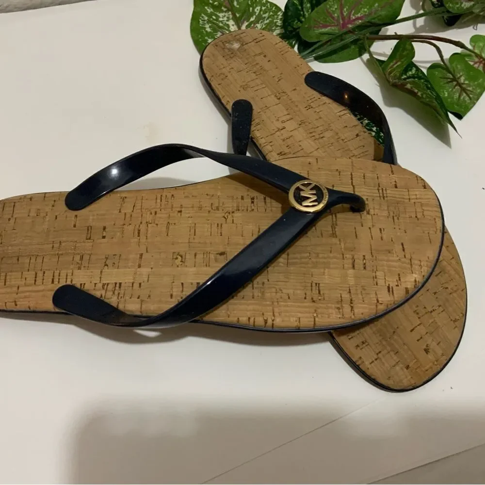 Michael Kors Cork Sandals MK Logo Navy PVC Thong Jet Set Flip Flops Sz. 10